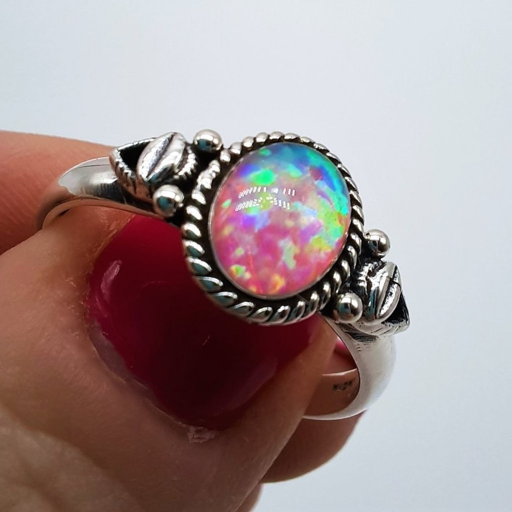 Handcrafted Antiqued 925 Sterling Silver Ring, Genuine Pink Fire Opal